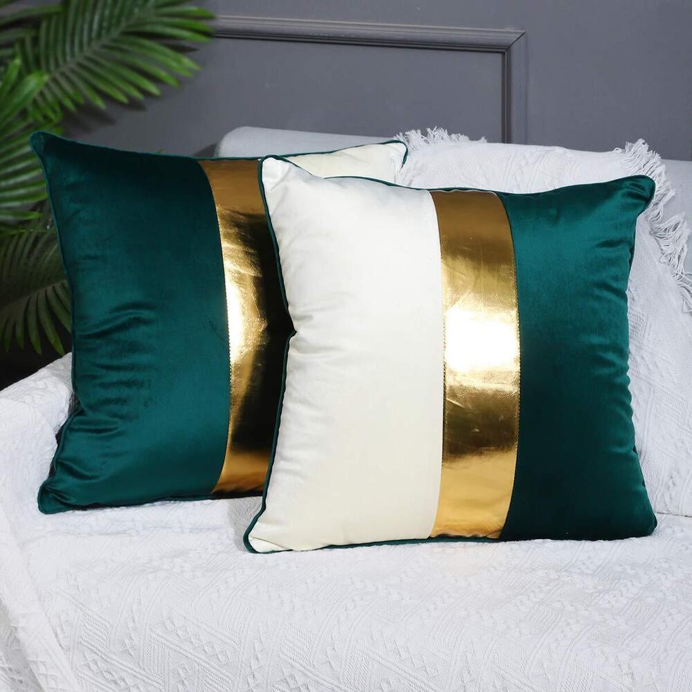 5320 Teal Beige Gold Leather Patchwork Velvet Throw Pillow Cover 18x18 Set